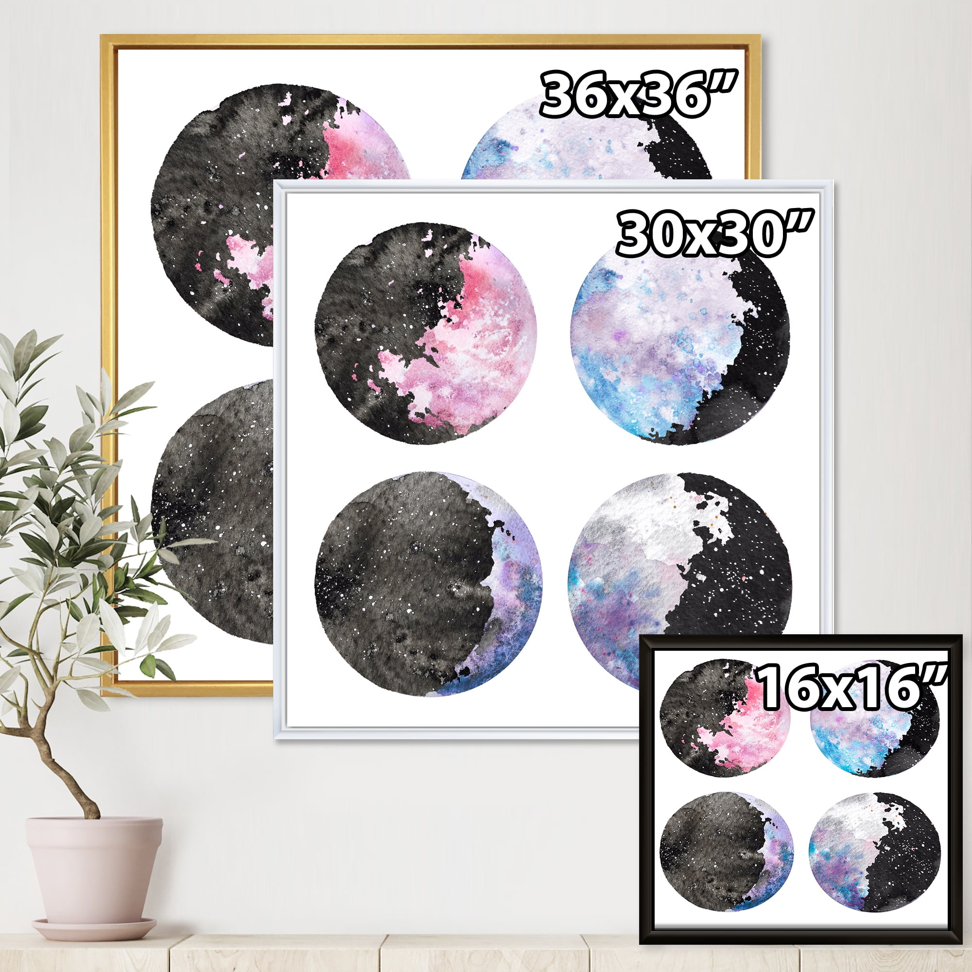 Designart 'Moon Phases With Sky and Stars' Bohemian & Eclectic Framed Canvas Wall Art Print