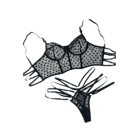 

ZAXARRA Bikini Mesh Lace Polka Dots Babydoll G-String Bra Set Women Underwear