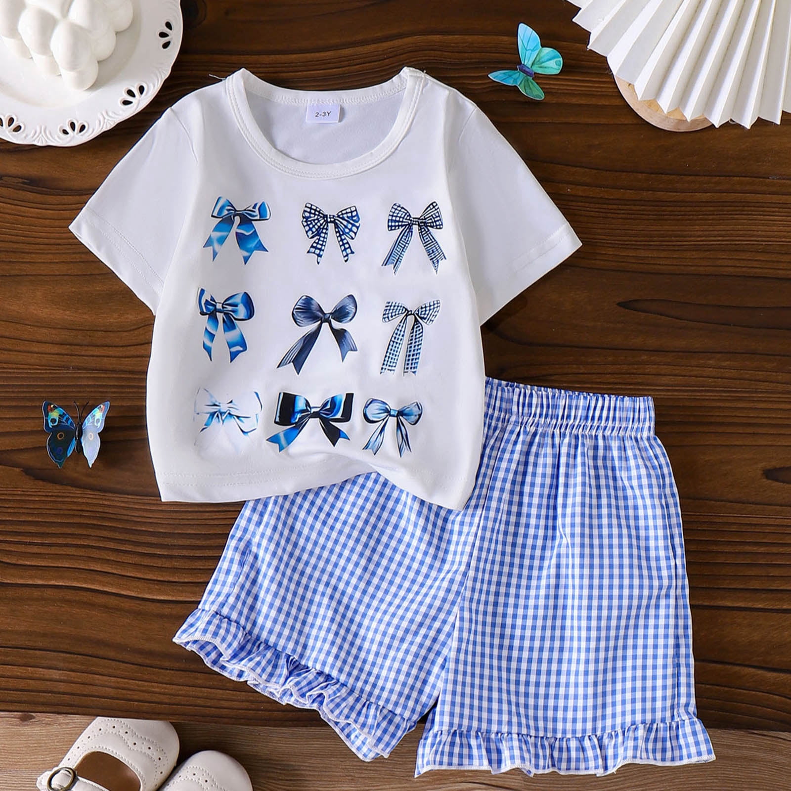 vigerkar Girl's Summer 2 Piece Outfits Bow Print Short Sleeve Fitted T Shirt Plaid Shorts Cute Clothes Set (White, 6-7 Years)