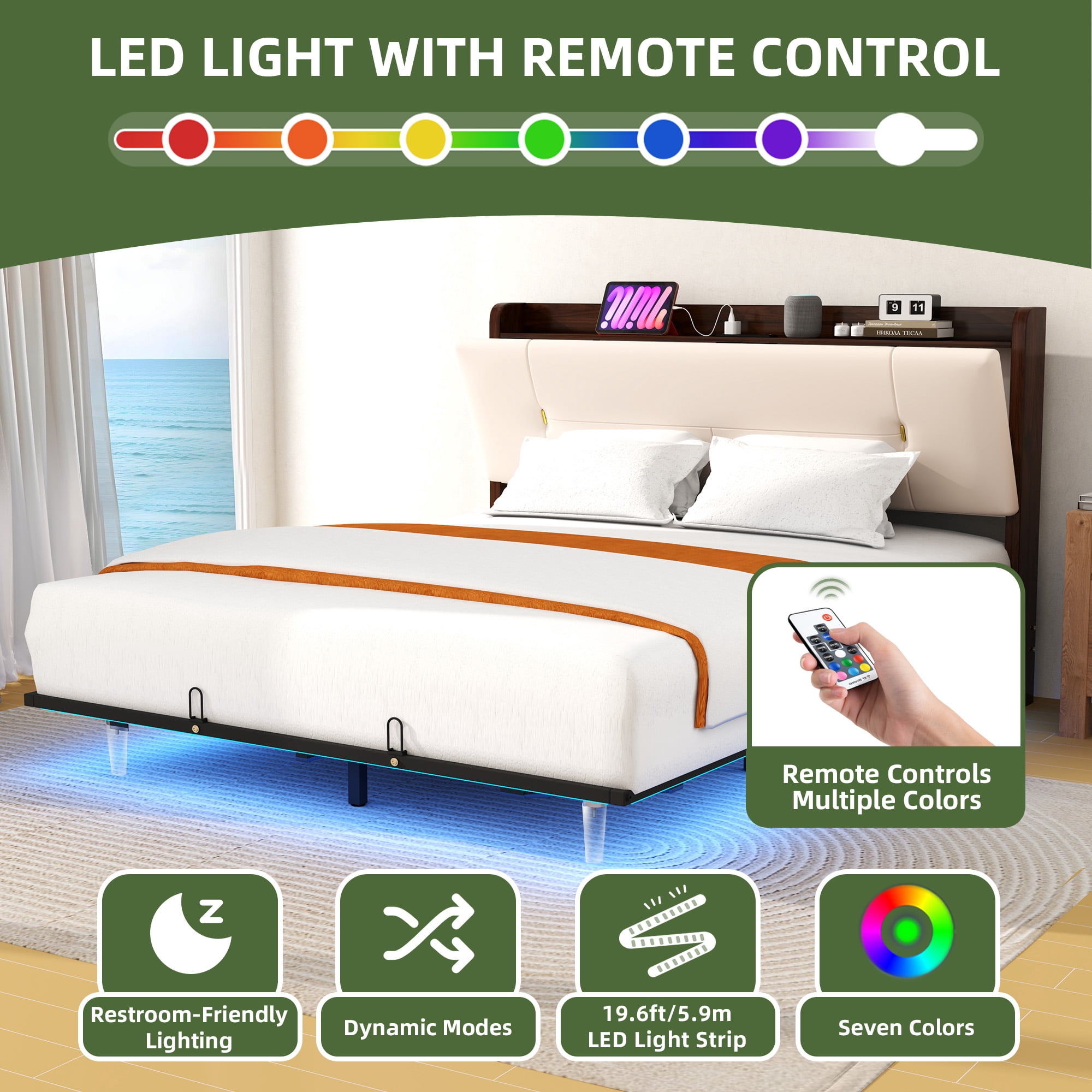 Uforic Beige Faux Leather Queen Bed Frame with LED Lights, Platform Bed with Multifuction Backrest Storage & Charging Ports