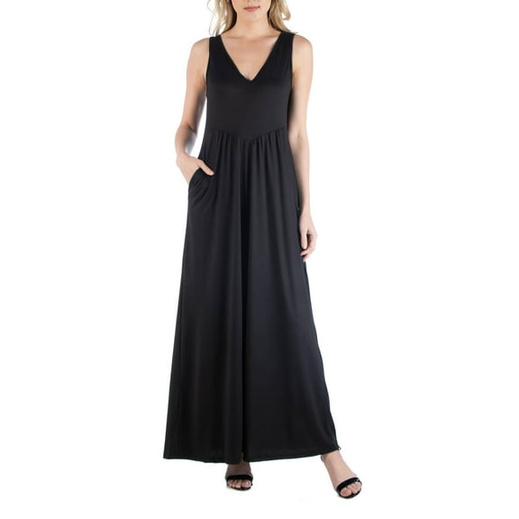 Women's Sleeveless V-Neck Maxi Dress with Pocket Detail Black L