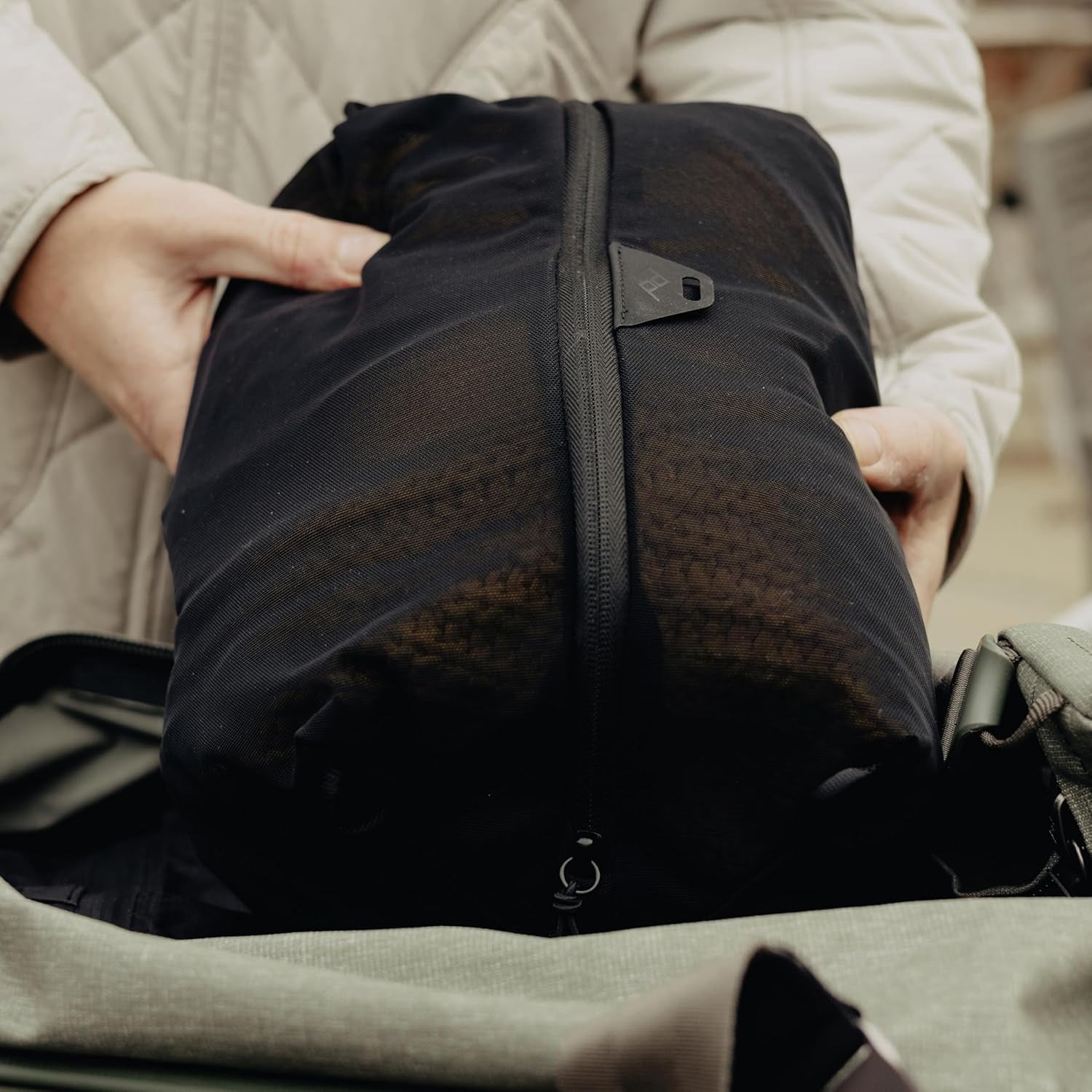 Ultralight Mesh Packing Cube, Black, Stretchy Mesh Luggage Cube with Strap Attachment Points and Luggage Pass Throughs, Zipper Opening, Travel Organizer for Men and Women, Size Small