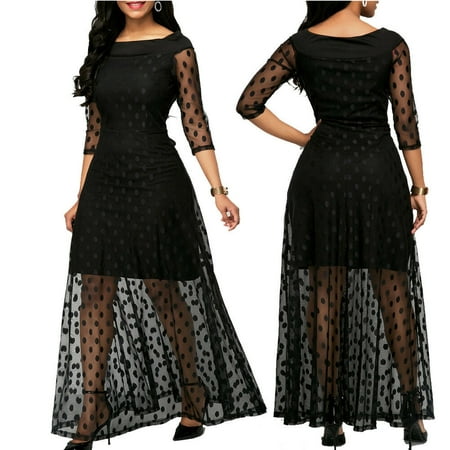 Multitrust Plus Size Women Polka Dot Mesh Black Long Maxi Dress Party Clubwear Sundress