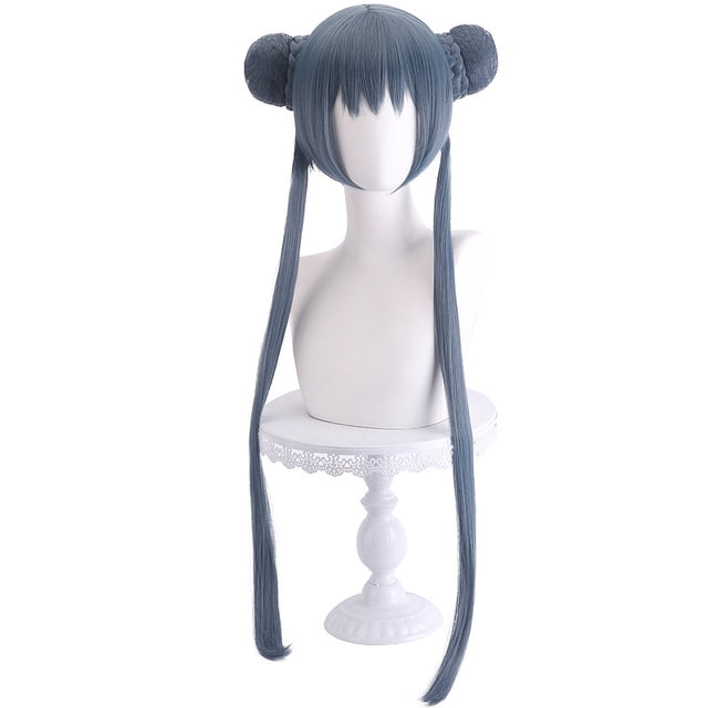 Peluca para cosplay de anime, pelo largo, azul y gris con moños trenzados, 80 cm