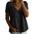 thumbnail image 2 of CHGBMOK Womens Cotton Linen T Shirts V Neck Short Sleeve Solid Top Front Ruched Cutout Lace Boho Casual Shirts, 2 of 6