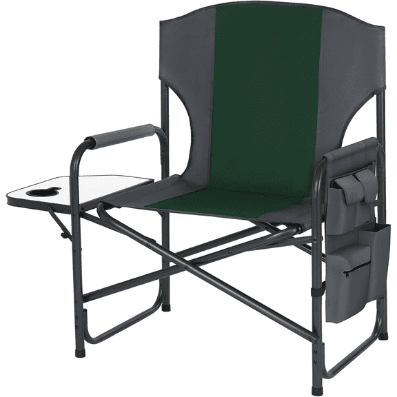 EnjinZZ Oversized Directors Camping Chair Support 600 LBS, Heavy Duty Folding Outdoor Chairs with Detachable Side Pocket and Adjustable Side Table for Outside Beach,Lawn,Fishing (Green)