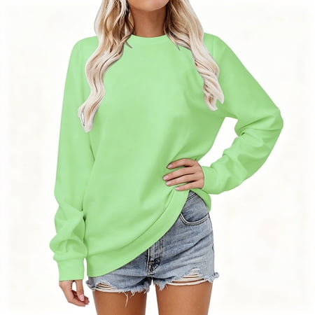 BCSIOAOI Sweatshirts for Women Crewneck Long Sleeve Ribbed Cuffs Hem Solid Pullover Top Green L