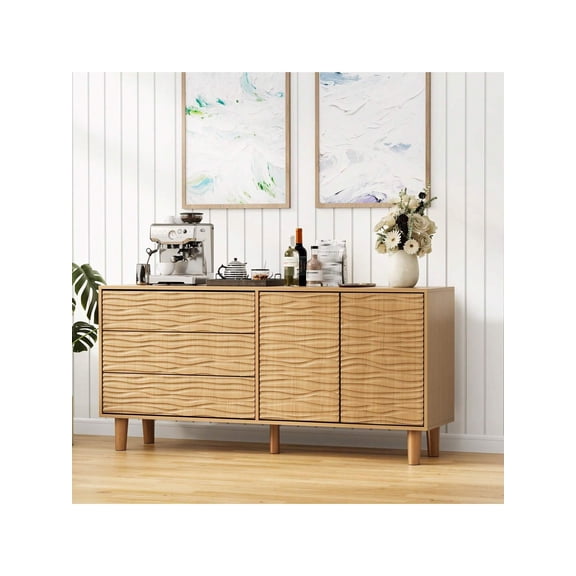 61" Buffet Cabinet & Sideboard With 3 Drawers & 2 Doors,Mid Century Buffet Table For Dining Room, Coffee Bar Or Living Room, Undulating Groove Design, Adjustable Shelf
