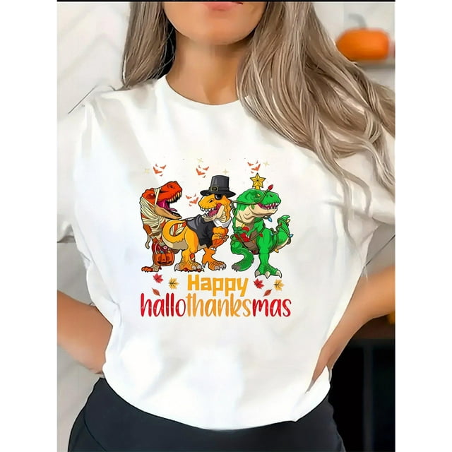 Women's Casual Round Neck Short Sleeve T-Shirt, Halloween Thanksgiving Dinosaur Graphic, Fashionable Knit Polyester Fabric, Comfortable Summer Top, Geometric Pattern, All Seasons