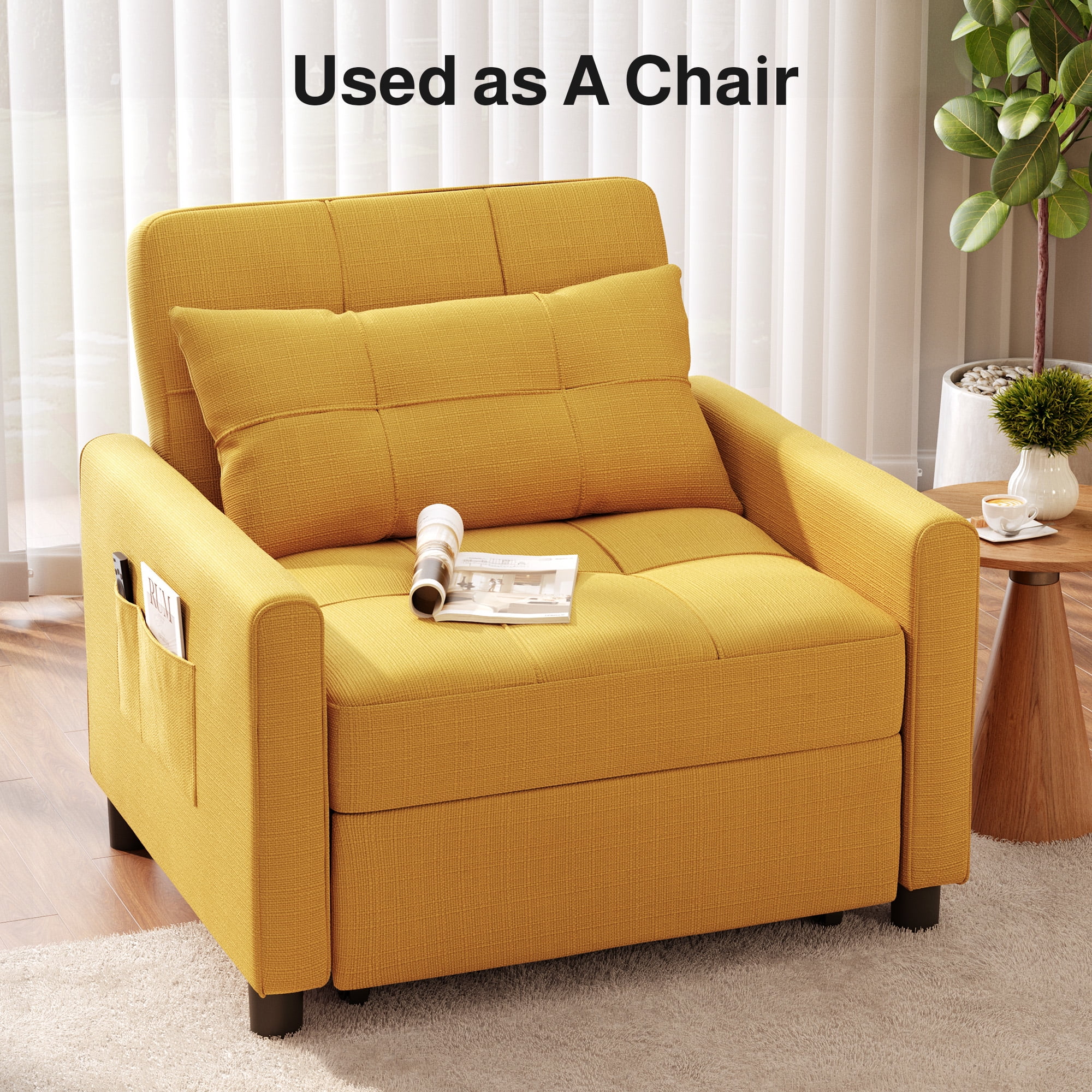 Adjustable Backrest Convertible Sofa Bed, 3-in-1 Linen Reclining Sleeper Chair, Multifunctional Couch for Living Room Bedroom Small Space, Yellow