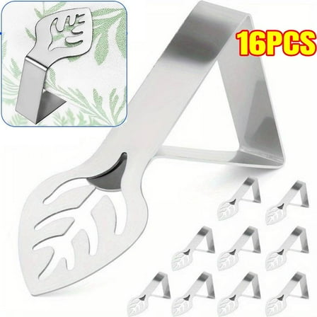 Table Cloth Holder Clips, 16PCS Stainless Steel Leaf Shape Camping Tablecloth Clip, Heavy Duty Decorative Cover Clamp Pin for Indoor Outdoor, Fit for 0.98"-1.57" Thick Tabletop