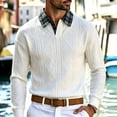 thumbnail image 2 of Plaid Collar Textured Jacquard Knit Polo Shirt for Men, V Neck Long Sleeve Buttonless Vintage Casual Sweater White, 2 of 9