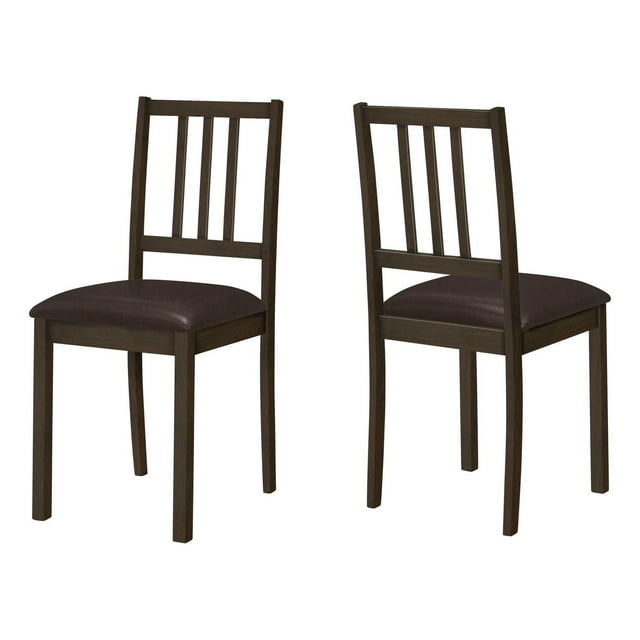 Set of two Monarch Specialties brown dining chairs with wooden legs and PU leather look upholstered seats in a transitional style.