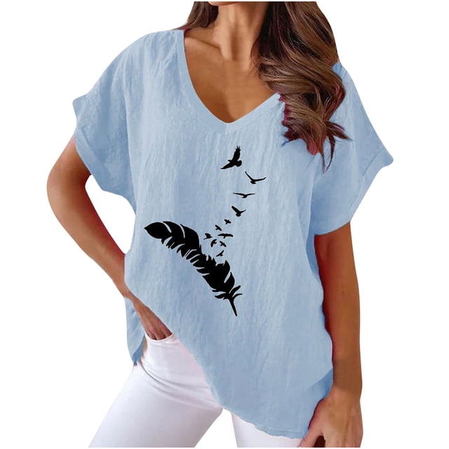 Hauts d'Été pour Femmes Col en V Imprimé Coton Lin Manches Courtes T-Shirts Décontractés Amples Légers Blouse Habillée