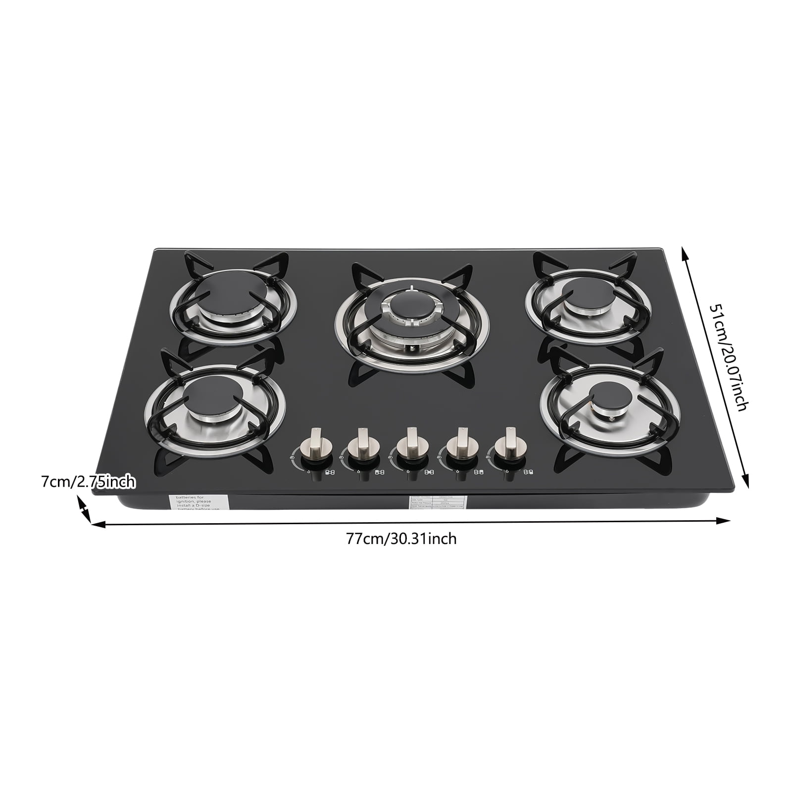 5-Burner Natural Gas Cooktop – Elegant Tempered Glass Surface, Flexible Flame Control, Durable Porcelain Enamel Grates, Energy-Efficient, Ideal for Fast and Precise Cooking