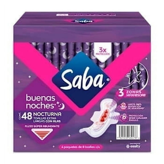 Saba Extra Long Night Sanitary Napkins with Leak Protection, Clean Fresh, Extra Heavy, 48 Count