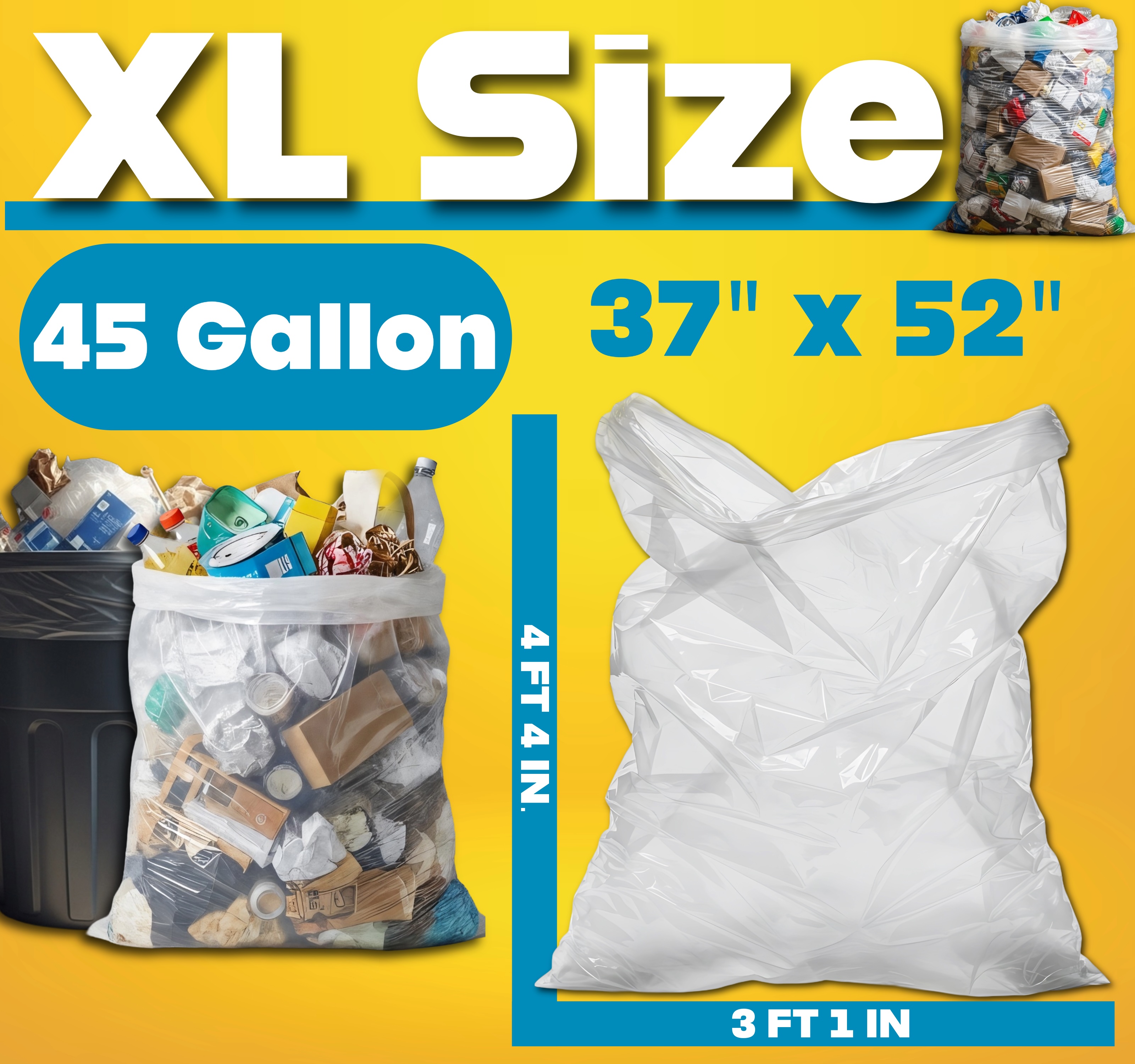 Large Clear Heavy Duty Recycle Trash Bags, 45 Gallon, 100 Count