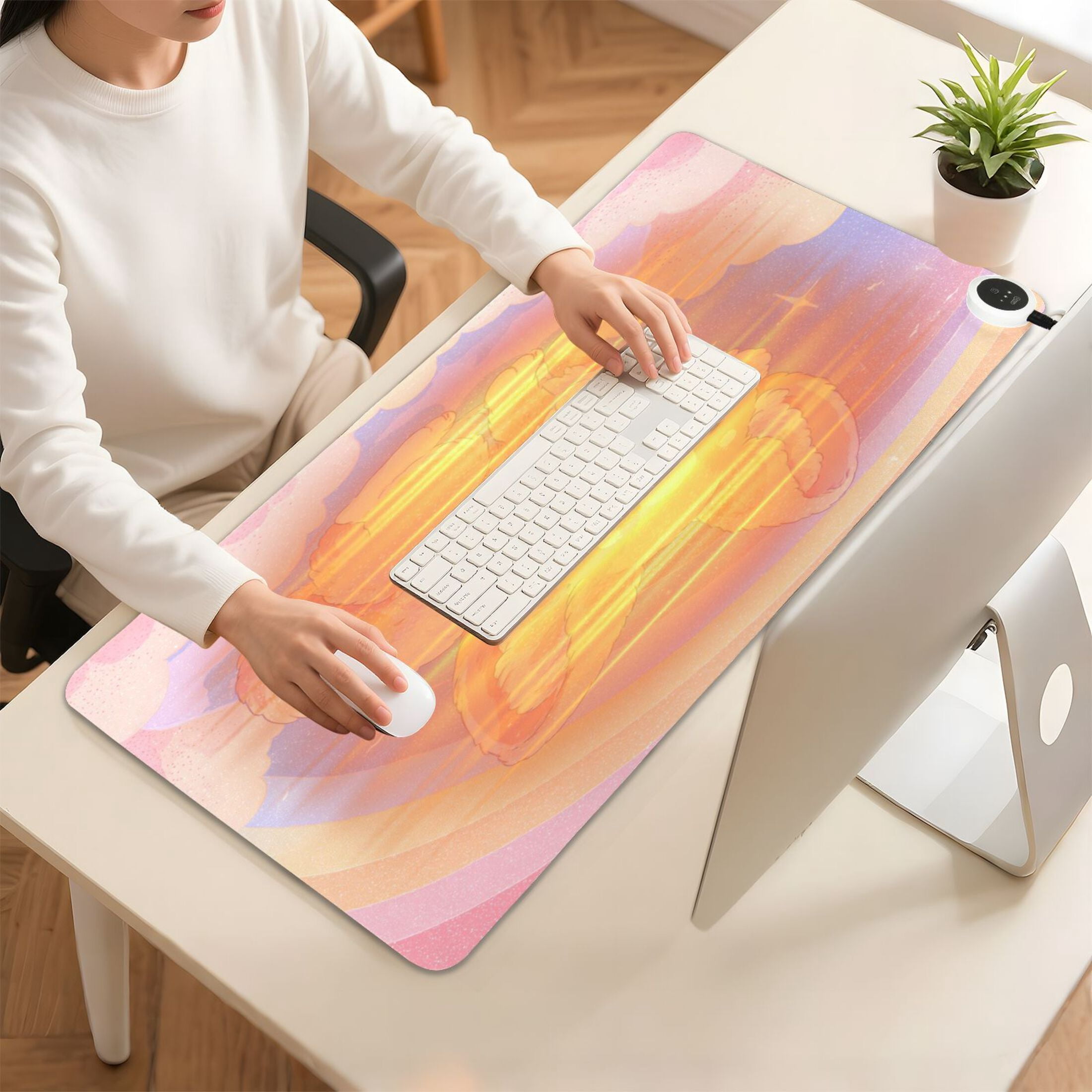 Large Heated Desk Mat Mouse Pad 31.5"x13"PU Leather Graphene Heating Desk Warmer with 3 Temperature Settings 110V US Plug Non-Slip Warm Pad for Home, Office, and Gaming Dreamy Cloud Fox Illustration