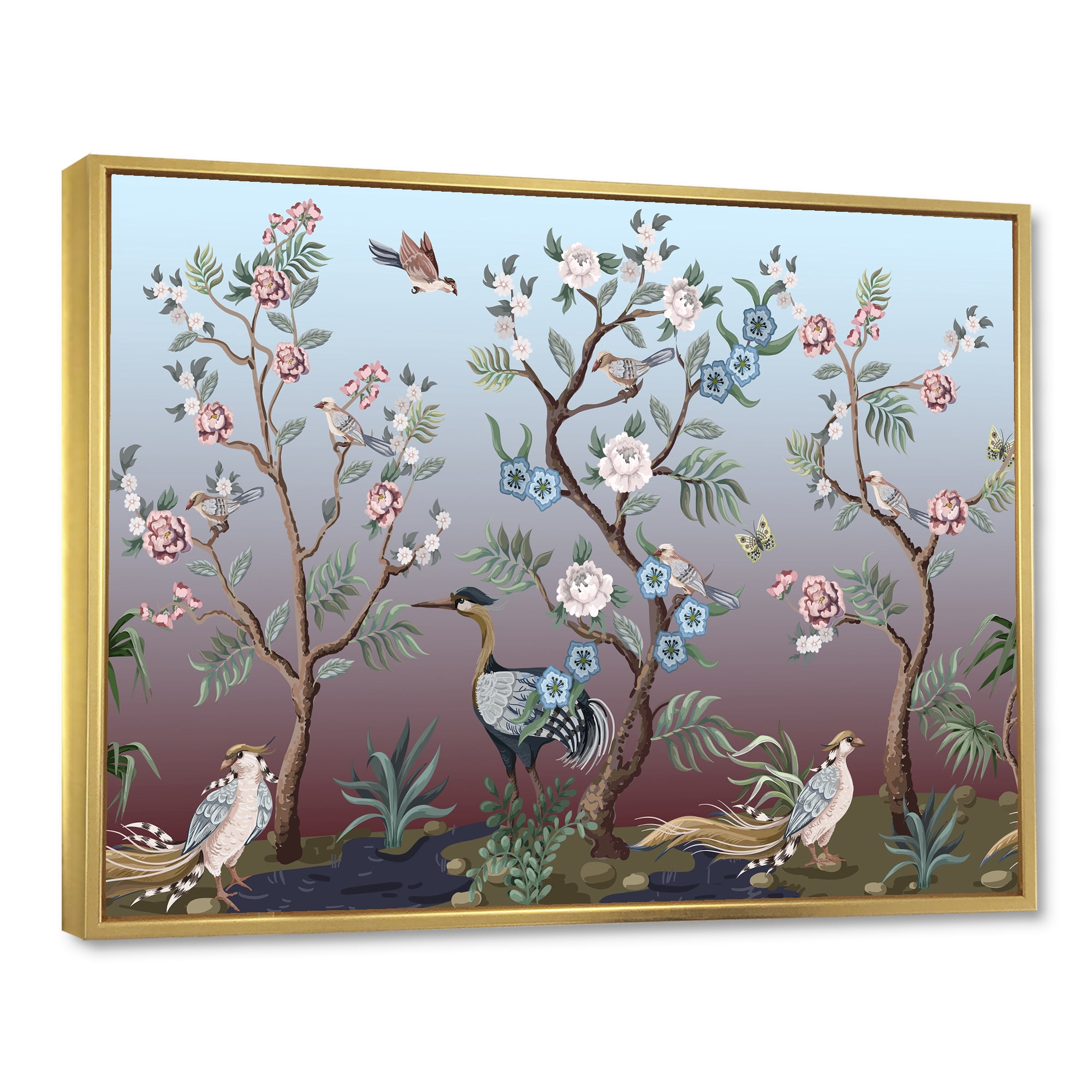 Designart 'Chinoiserie With Peonies and Birds XI' Traditional Framed Canvas Wall Art Print