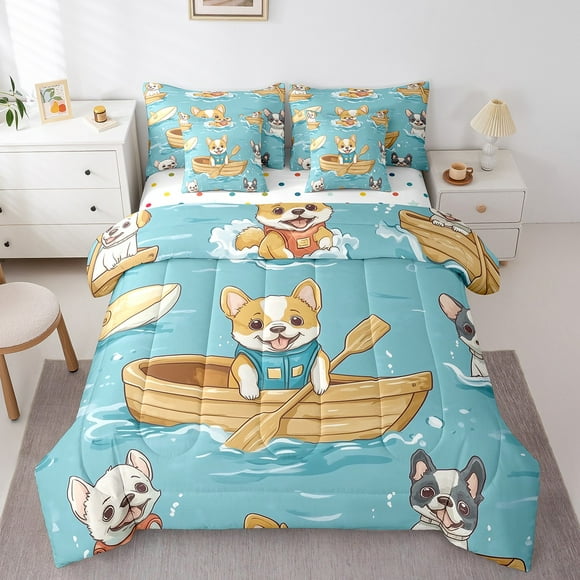 7 Piece Corgi Bed in a Bag Queen Size Cute Cartoon Animal Bedding Sets Lovely Dog Print Comforter Set with Sheets Pet Dogs Decor Bed Set for Dog Lovers Sheets
