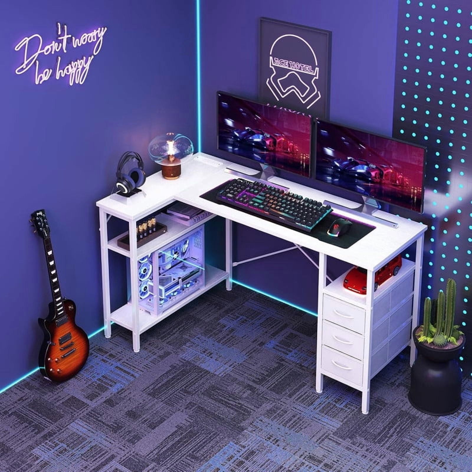 Kelno 55 Inch L Shaped Computer Desk with Power Outlets Adjustable Shelf 3 Fabric Drawer,White