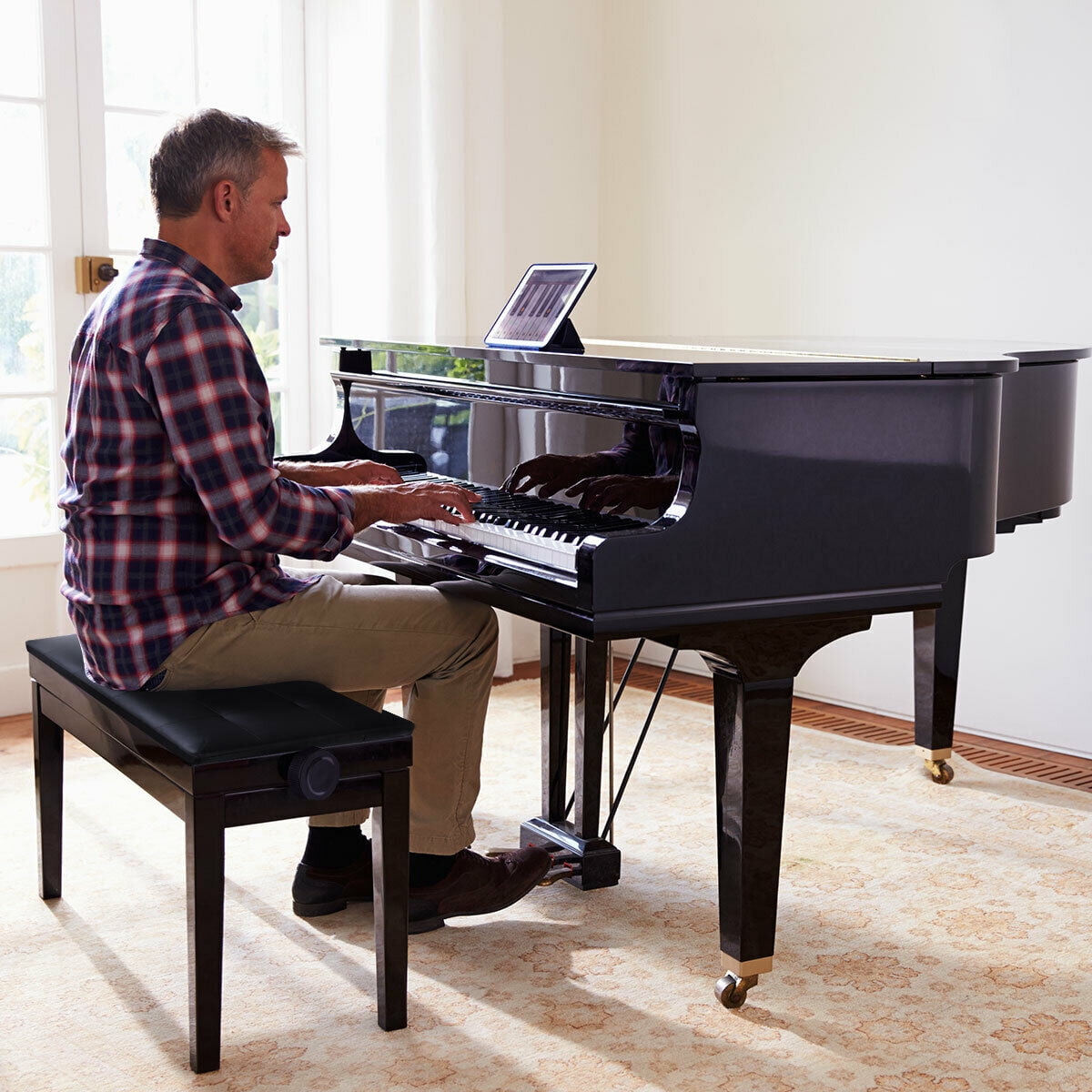 Height Adjustable Double Duet Piano Bench Padded Seat W Music