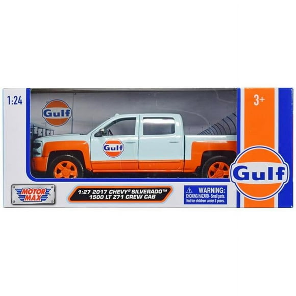 Motormax 79666GULF 2017 Chevrolet Silverado 1500 LT Z71 Crew Cab Pickup Truck Stripes Gulf Oil Gulf Die-Cast Collection 1-27 Scale Diecast Model Car, Light Blue & Orange