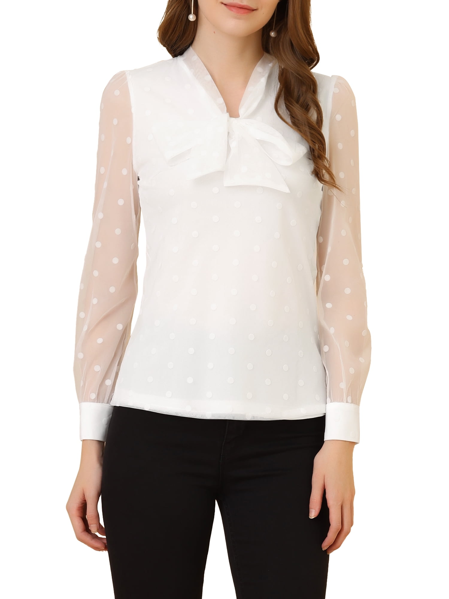Allegra K Women's Tie Neck Polka Dots Semi Sheer Long Sleeve Blouse X-Small  Burgundy at  Women's Clothing store