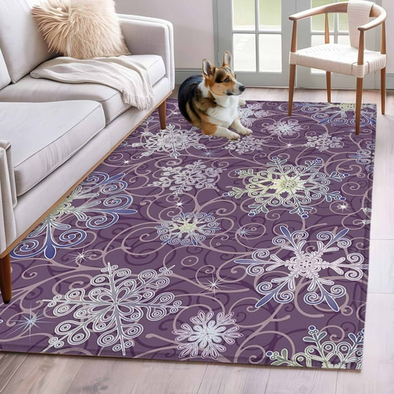 Purple Snowflake Christmas Area Rug 4x6 Washable Rug Non Slip Xmas Snowflake Winter Large Area Rug Indoor Floor Carpet for Entryway Bedroom Kitchen Living Room Home Office Dining Room Nursery
