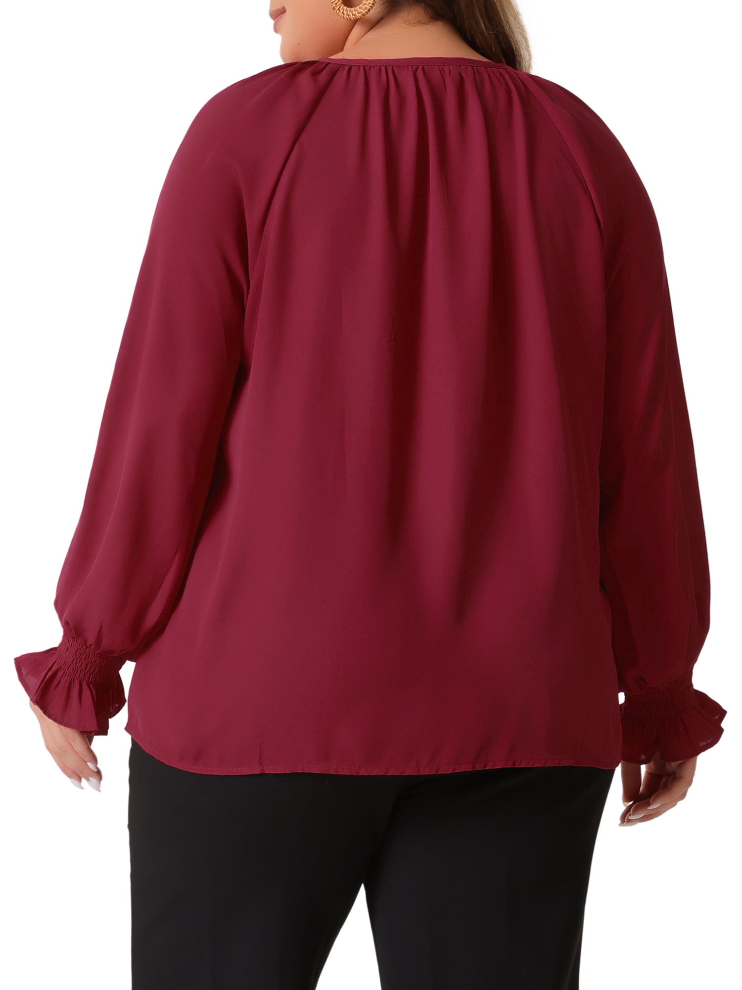 DARING DIVA Women's Plus Casual V Neck Drawstring Long Sleeve Blouse 4X Burgundy