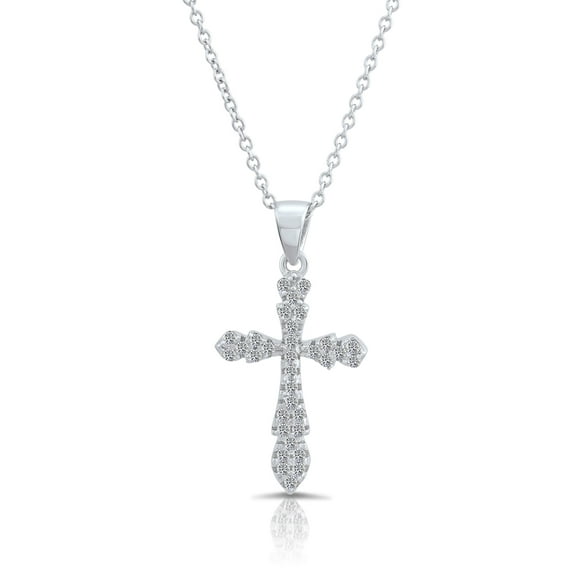 Tilo Jewelry 925 Sterling Silver Cross Charm Pendant Necklace with Cubic Zirconia CZ Stones | 16 Inch | Women & Unisex