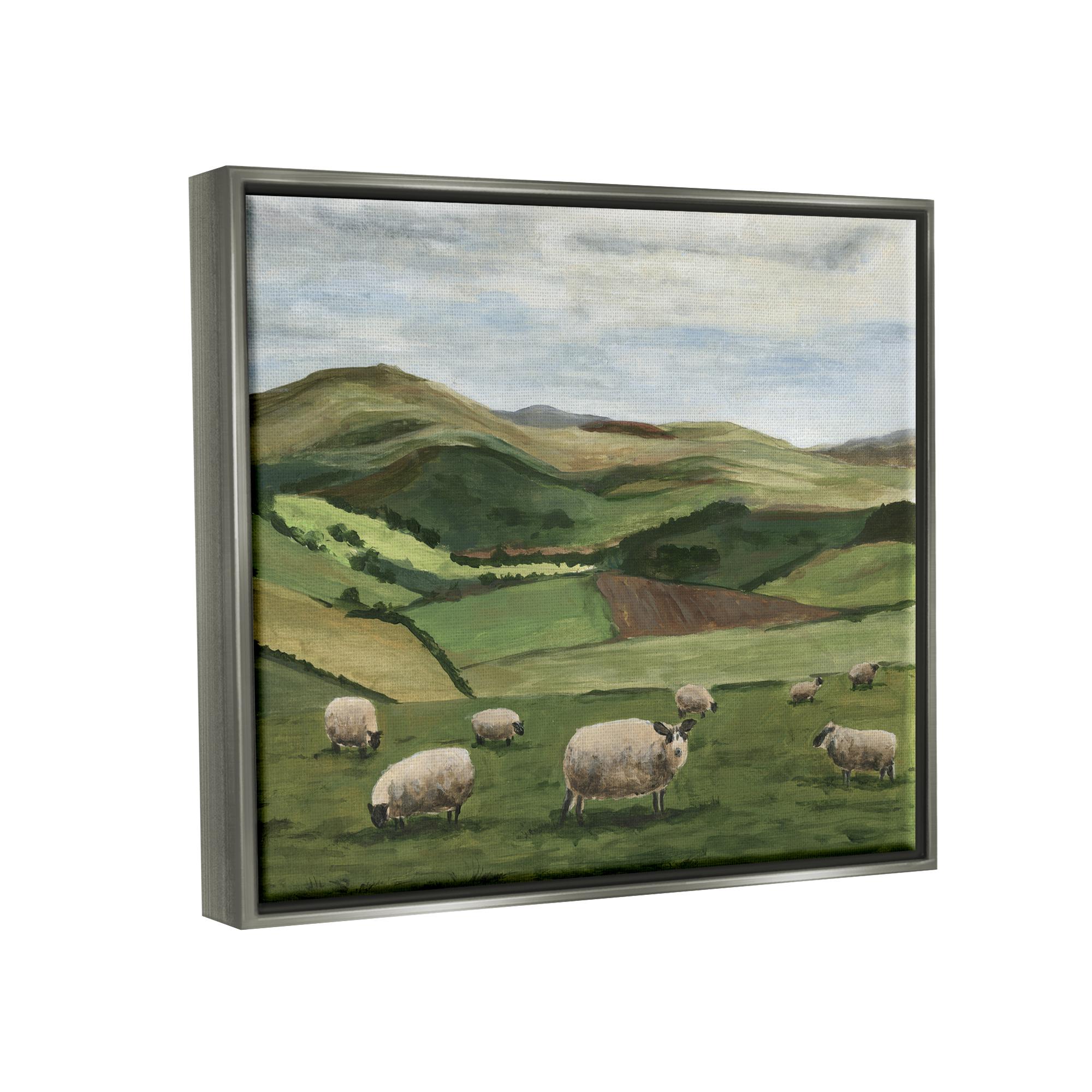Stupell Industries Countryside Sheep Grazing Animals & Insects Painting Gray Floater Framed Canvas Art Print Wall Art, 31 x 25