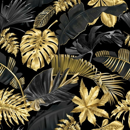 MuralsPrint Glam Golden Exotic Leaves Removable Peel-and-Stick Wallpaper - 10'ft H x 24''inch W