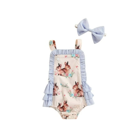 

IZhansean Newborn Baby Girl Easter Romper Outfit Fly Sleeve Bunny Bodysuit Playsuit Jumpsuit with Headband Set Blue 6-9 Months