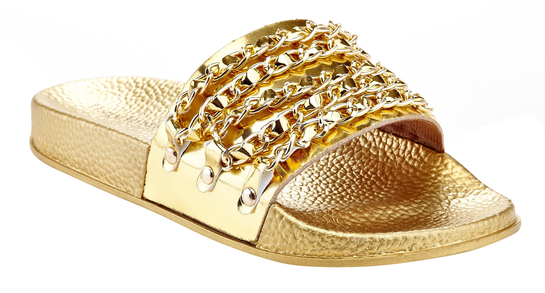 Henry Ferrera Womens Fur and Chain Design Slide Sandals by