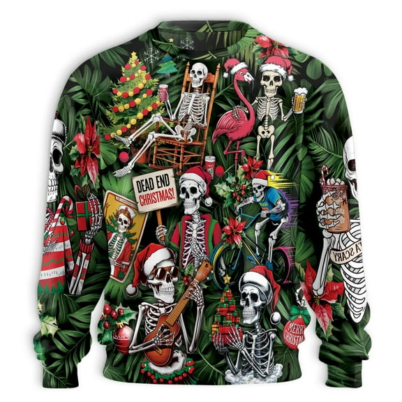 Dead End Christmas Skeletons Sweatshirt, Funny Skeleton Christmas Pullover, Skull Flamingo Holiday Sweater, Merry Christmas Skeleton Sweater