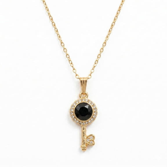 Elegant Key Pendant Necklace with Black Stone and Crystal Detail, Gold Tone Chain Minimal Jewelry for Women, Daily Wear & Gift