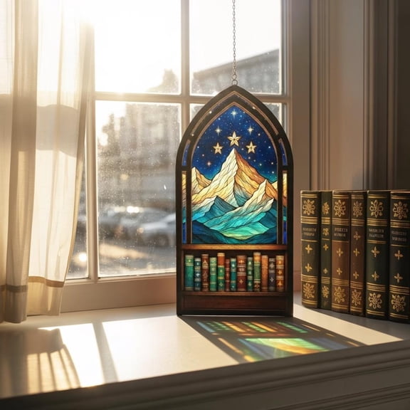 Velaris Mountain Book Suncatcher, ACOTAR Night Court Window Hanging, Stained Glass Style Bookish Decor, To The Stars Who Listen Ornament