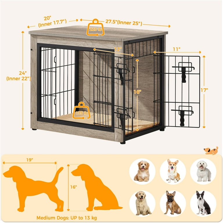 Alden Design 27.5"W Dog Crate Furniture with Anti Skid Plush Mat, Gray