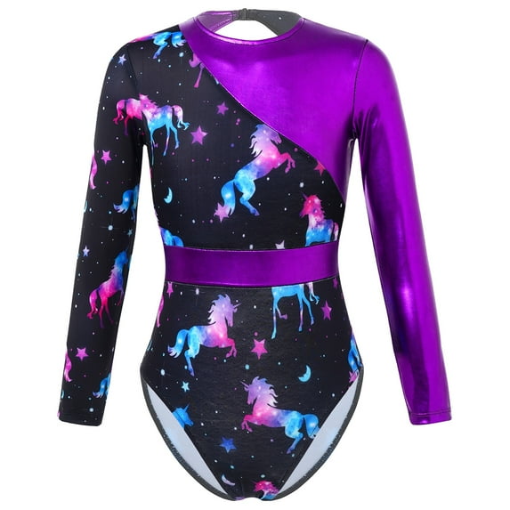 DPOIS Kids Girls One Piece Printed Bodysuit Long Sleeves Ballet Leotard