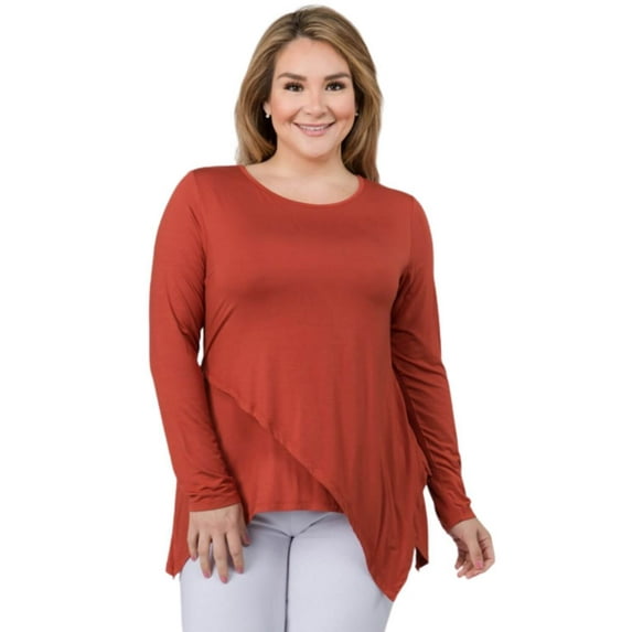 Women's Long Sleeve Asymmetrical Hem Tunic Top -Plus Size, RUST, 2XL