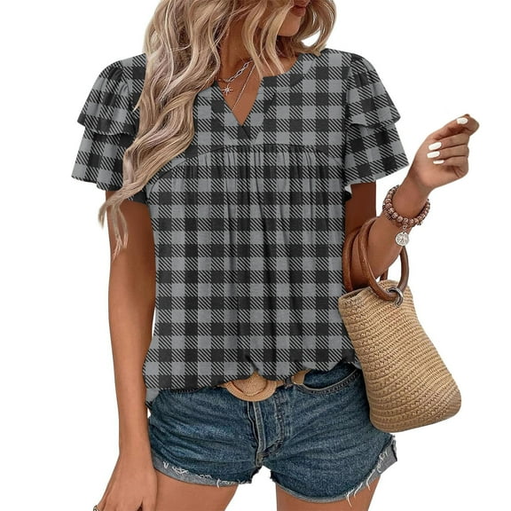 Shirts Women Casual Blouses for Women Casual Summer Shirt Women Blouse Tshirt for Women Trendy Tee Shirts Woman Spring Summer Casual Pleated Leaf Sleeve Vintage Printed Short Sleeved V-Neck Shirt