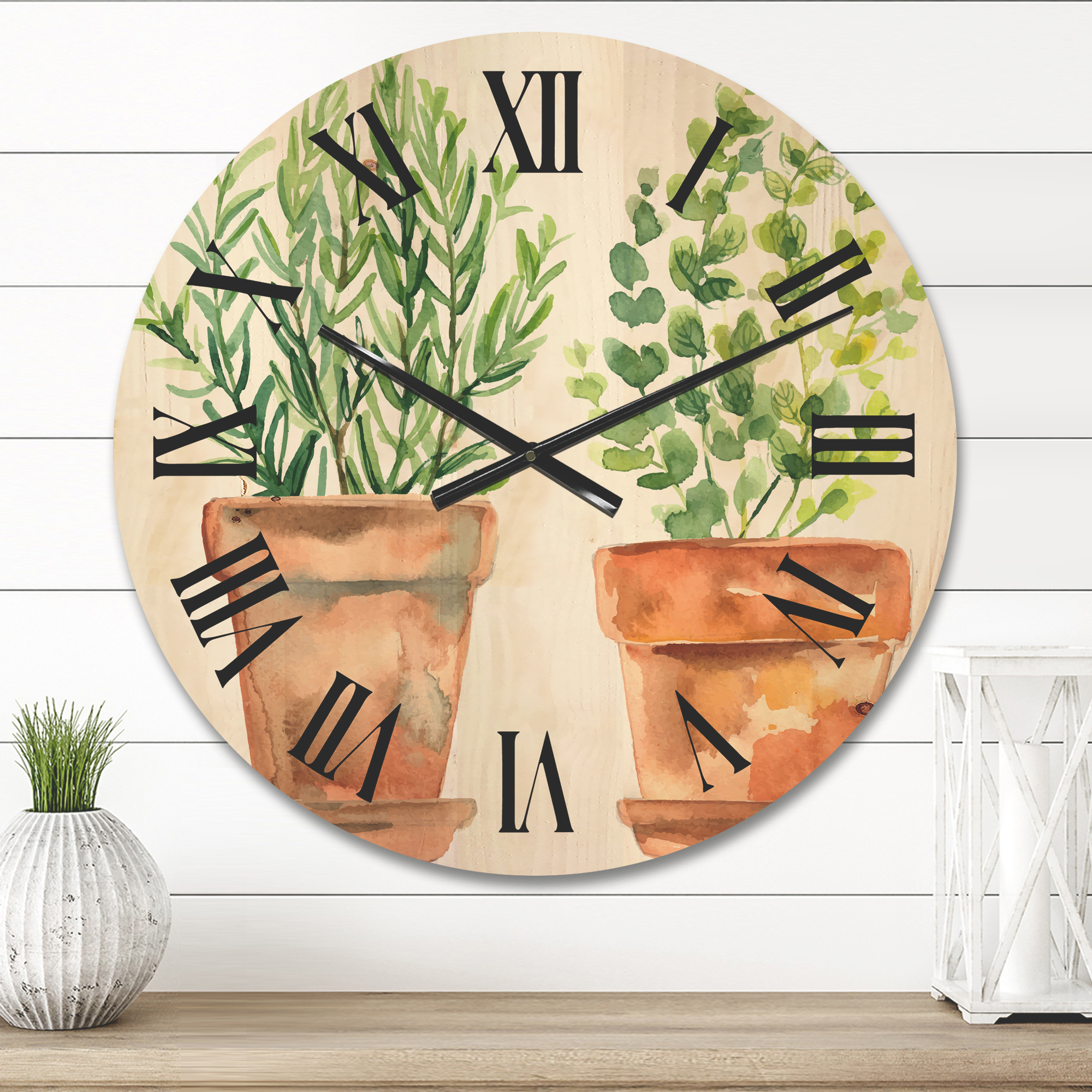 Designart 'Two Green House Plants In Orange Cly Pots' Traditional Wood Wall Clock