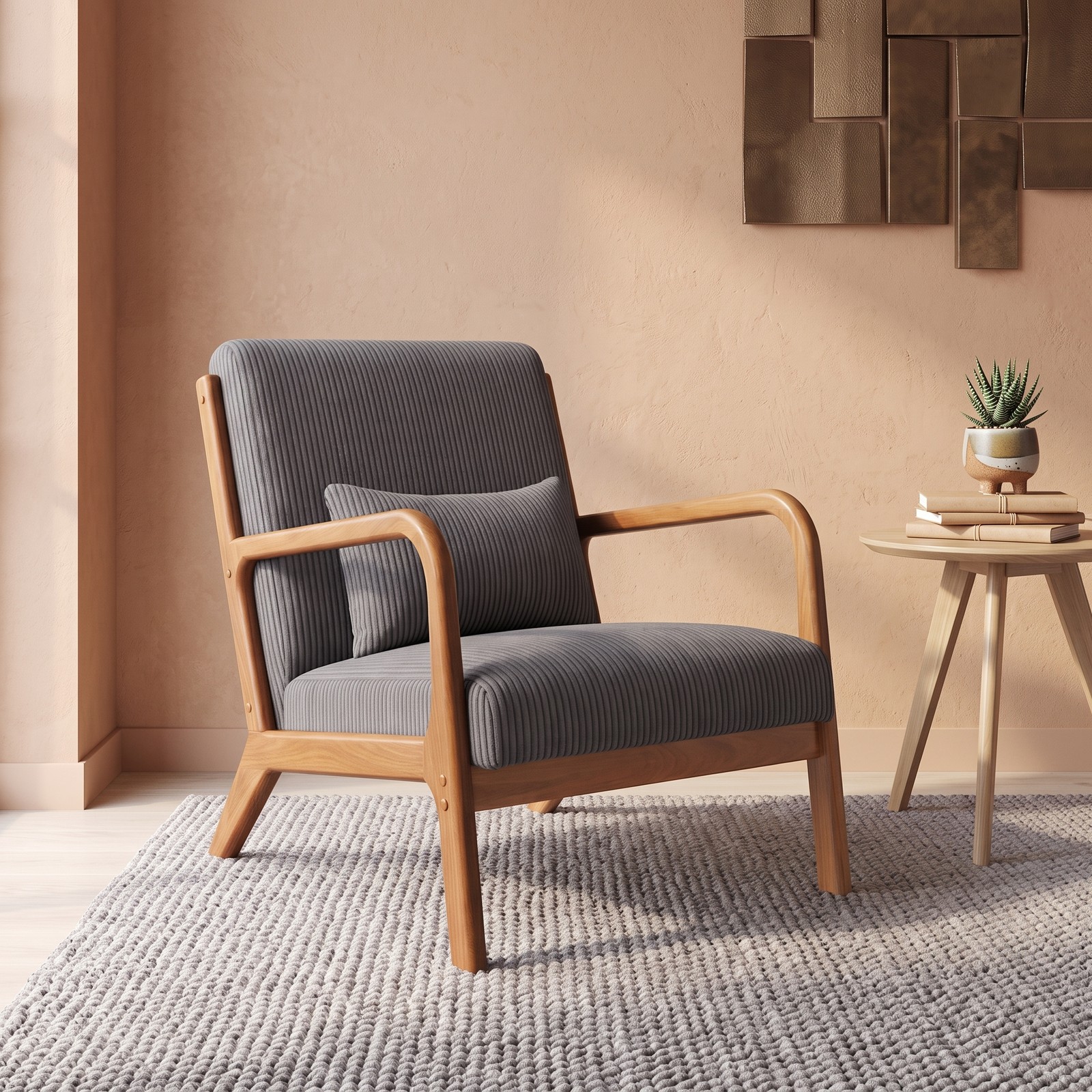 Furnibear Accent Chair, Corduroy Upholstered Lounge Chair with Lumbar Pillow, Ergonomic 105-Degree Backrest, Solid Wood Frame Armchair for Living Room Bedroom, Gray