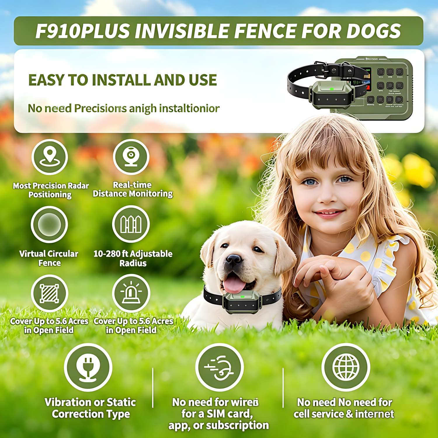 Upgraded Wireless Dog Fence, No-Wire Electric Pet Containment System High-Precision Boundary Control, Up to 5.6 Acres, IPX7 Waterproof, Safe Training for 1–3 Dogs weighing 15-110 lbs