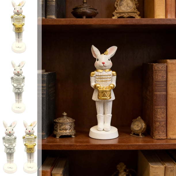 Figuritas de conejito de Pascua, decoración de conejos de resina tambor, set de 2 adornos blancos de 6,9 pulgadas, centro de mesa con repisa de mesa Regalo navideño de primavera