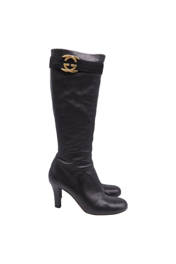 Pre-Owned Gucci Interlocking G Heeled Knee-High Boots in Black Leather
