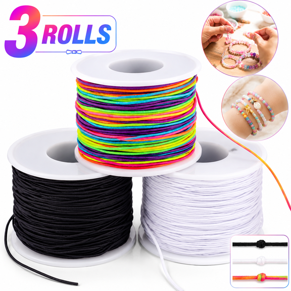 Genreen Stretchy String for Bracelets, 3 Rolls 1 mm 495 Feet Sturdy Elastic String Cord for Jewelry Making, Necklaces, Beading and Crafts (Black,Wihte,Rainbow)