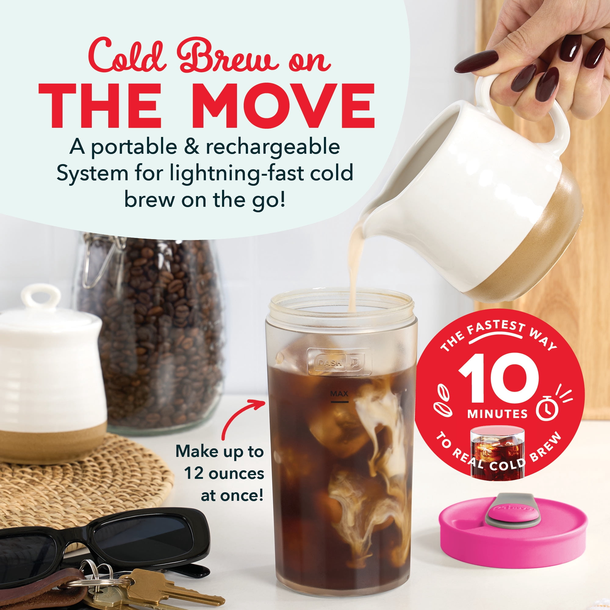 Dash Brew2Go™ Portable Cold Brew System, Makes 1.5 Cups Coffee, Pink