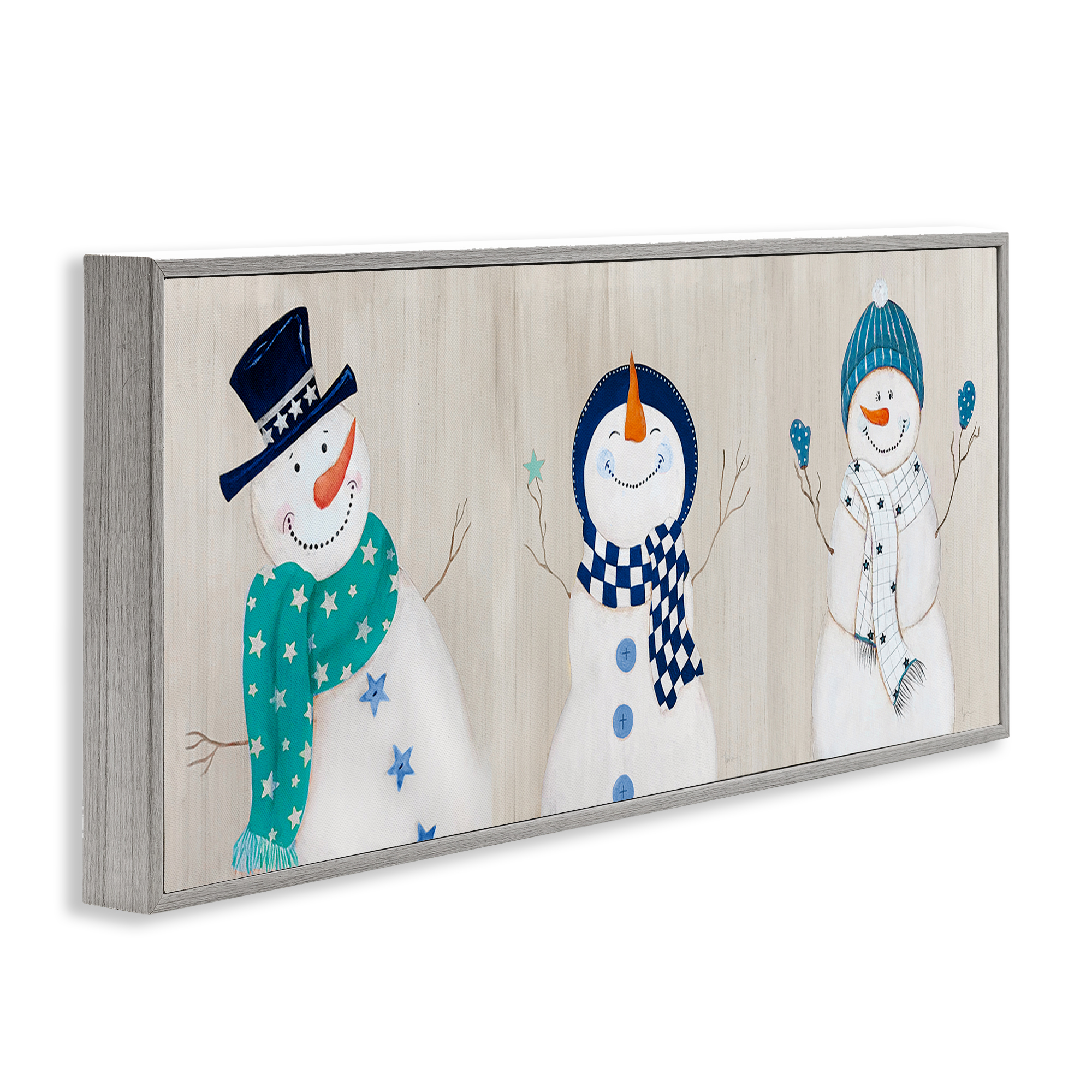 Stupell Industries Happy Snowman Trio Holiday Painting Gray Framed Art Prints Wall Art, 30 x 13